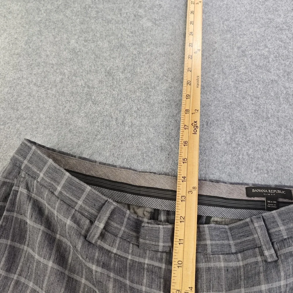 Banana Republic Pants Mens 36x30 Gray Windowpane Plaid Linen Blend Slim Fit